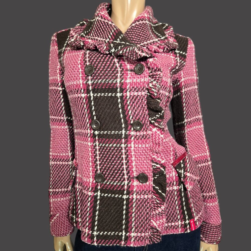 Y2K Groggy Plaid Ruffled Jacket Blazer Size S Pink Brown Tweed Vintage 2000s